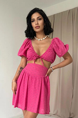 Fuşya Brode Crop Ve ini Etek Takım