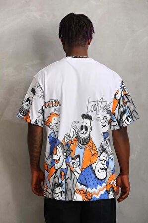 Unisex Oversize Baskılı Bisiklet Yaka Thirt  Beyaz