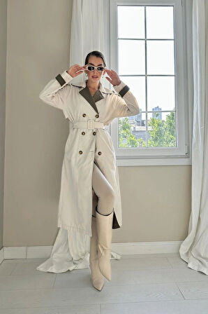 Bej Haki Arkası Çizgili Ve Kemerli Trençkot