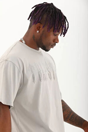 Unisex Oversize Taşlı Bisiklet Yaka Thirt  Gri