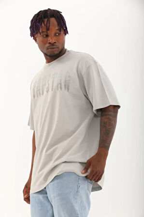 Unisex Oversize Taşlı Bisiklet Yaka Thirt  Gri