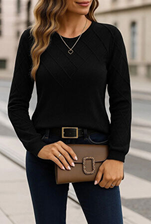 Kadın Uzun Kollu Bisiklet Yaka Geometrik Desenli Triko Bluz