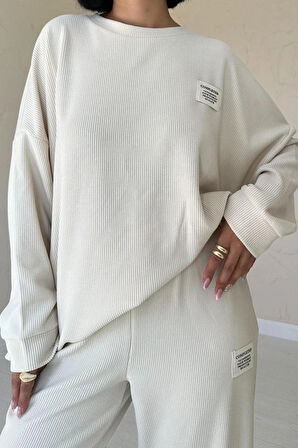 Bej Klasik Fitilli Kazak Ve Pantolon Takım