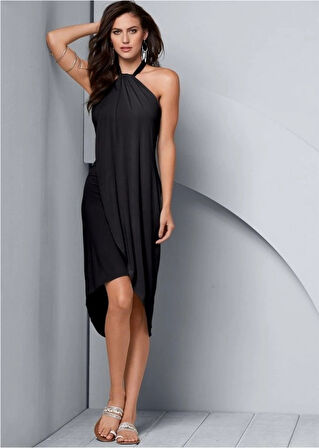 Kadın Omuzlardan Açık Boyundan Geçmeli Asimetrik Kesim Detaylı Viskon Elbise