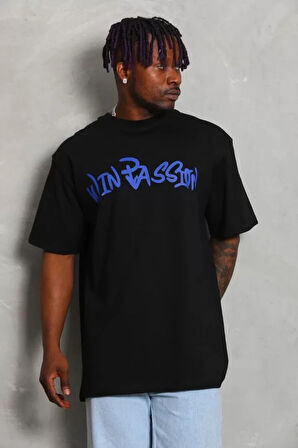 Unisex Oversize Baskılı Bisiklet Yaka Thirt  iyah