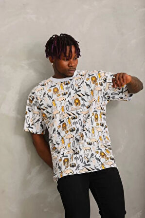 Unisex Oversize Baskılı Bisiklet Yaka Thirt  Beyaz