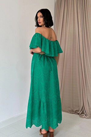 Yeşil Omzu Lastikli Brode Elbise