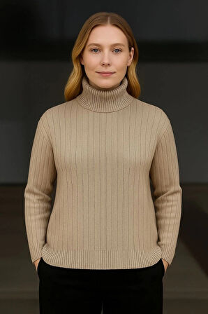 Balıkcı Yaka Bağazlı Triko Kazak Pamuklu Kalın Fitilli Dokuma  Bej