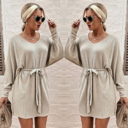 Kadın Uzun Kollu Fitilli şardonlu Detay Buklet Kuşaklı Yumoş Elbise