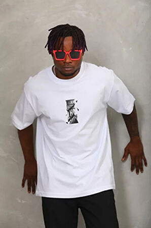 Unisex Oversize Baskılı Bisiklet Yaka Thirt  Beyaz