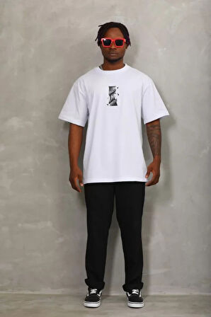 Unisex Oversize Baskılı Bisiklet Yaka Thirt  Beyaz