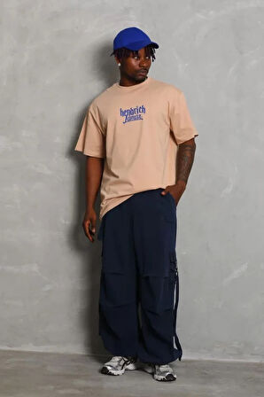 Unisex Oversize Baskılı Bisiklet Yaka Thirt  Bej