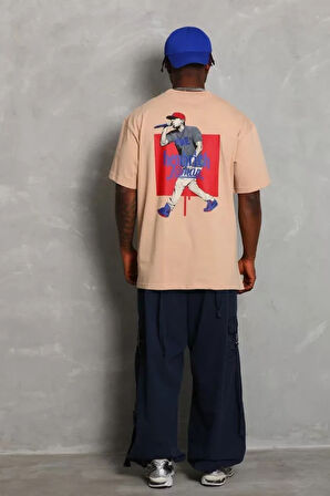 Unisex Oversize Baskılı Bisiklet Yaka Thirt  Bej