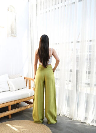 Keten Düğme Detayli Dökümlü Palazzo Pantolon