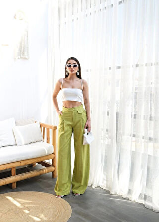 Keten Düğme Detayli Dökümlü Palazzo Pantolon