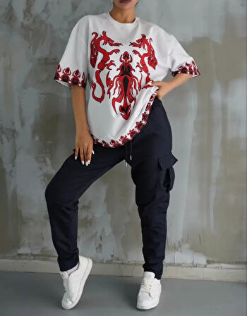 Unisex Bisiklet Yaka Baskılı Oversize Thirt  Beyaz