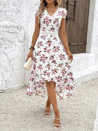 Kadın Kısa Kollu V Yakalı çiçek Desenli önü Kısa Arkası Uzun Süprem Elbise