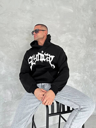 Unisex Üç İplik Kapşonlu Baskılı weathirt  iyah