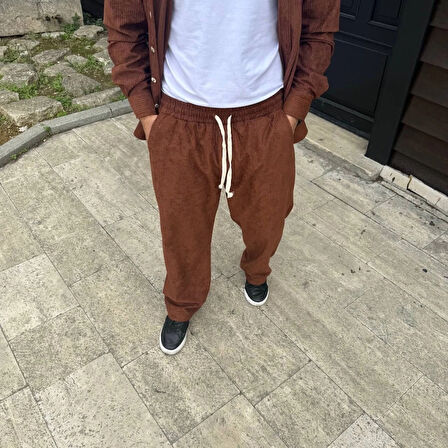 Erkek Fitilli Kadife Cepli Buggy Pantolon Oversize Rahat Kalıp  Kahverengi