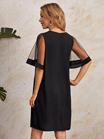 Kadın Tüllü Kısa Kollu V Yaka Krep Elbise