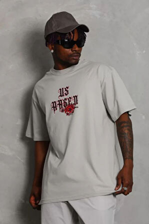 Unisex Oversize Baskılı Bisiklet Yaka Thirt  Gri