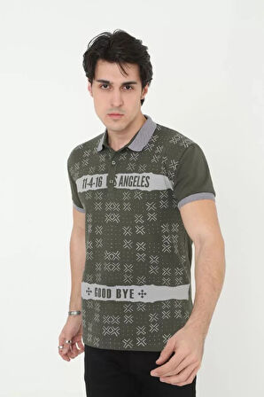 Erkek Yakalı lim Fit Baskılı Thirt  Haki