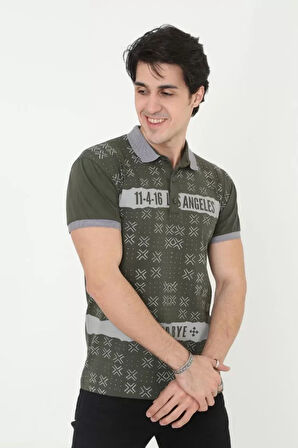 Erkek Yakalı lim Fit Baskılı Thirt  Haki