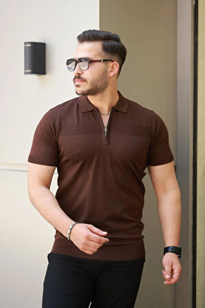 Erkek Göğüs Pirinç Desenli Fermuar Yakalı Kısa Kollu Tişört