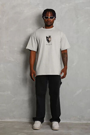 Unisex Oversize Baskılı Bisiklet Yaka Thirt  Gri