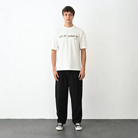 Unisex Bisiklet Yaka Baskılı Oversize Thirt  Beyaz