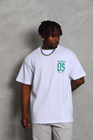 Unisex Oversize Baskılı Bisiklet Yaka Thirt  Beyaz