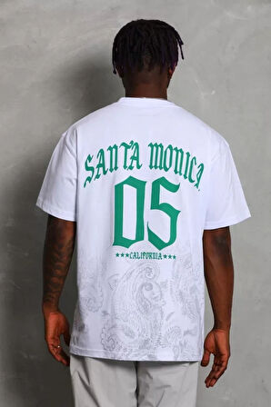 Unisex Oversize Baskılı Bisiklet Yaka Thirt  Beyaz