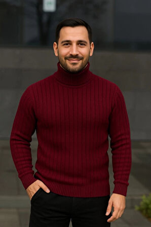 Erkek Balıkcı Yaka Bağazlı Triko Kazak Pamuklu Kalın Fitilli Dokuma, Regular Fit Uzun Kollu Kışlık odel  Bordo