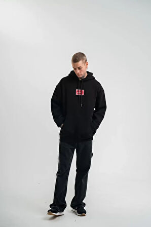 POIZEI Premium Kalite Unisex Kapşonlu Dijital Patchli SweatShirt  Siyah