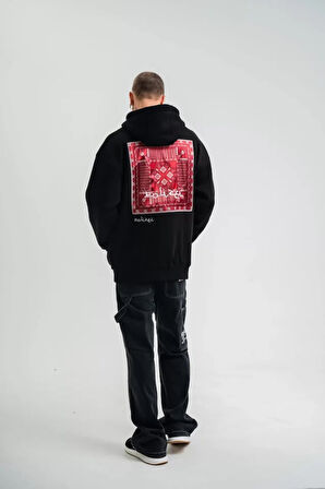 POIZEI Premium Kalite Unisex Kapşonlu Dijital Patchli SweatShirt  Siyah