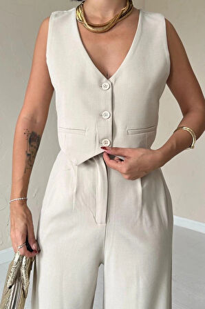 Bej Klas Ceket Ve Yelek Ve Pantolon Takım