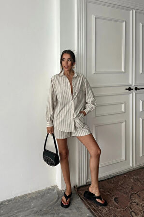 POPİN ÇİZGİİ GÖEK  ŞORT TAKI  Bej