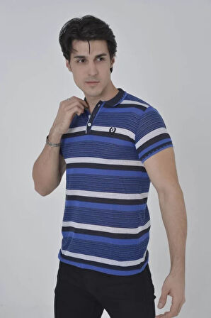 Erkek Yakalı lim Fit Dokuma Çizgili Thirt  avi