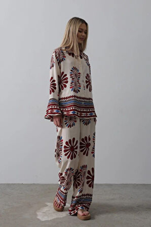 Desenli Kolları Volanlı Pantolon Takım  Kırmızı