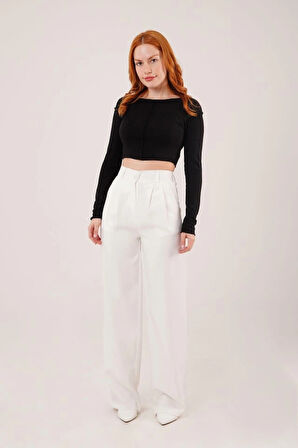 Bol Paça Piliseli Beyaz Pantolon