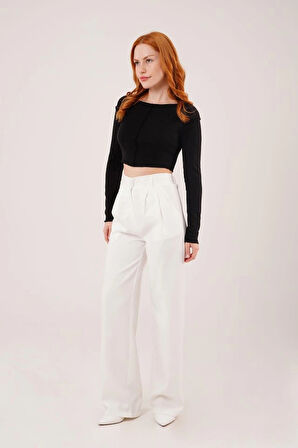 Bol Paça Piliseli Beyaz Pantolon