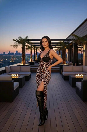 Kadın Dantel Detay Omuz Askılı eopar Desen axi Yırtmaçlı Gloplu Elbise