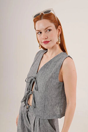 Ön Bağlama Detaylı Yelek Ve Pantolon Antrasit İkili Takım