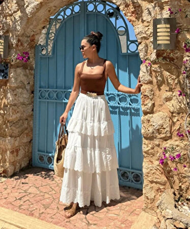 Katlı Pileli Etek  Ekru