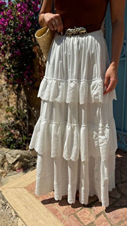 Katlı Pileli Etek  Ekru