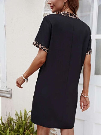 Kadın Kısa Kollu V Yakalı Leopar Desen Detaylı Modal Elbise