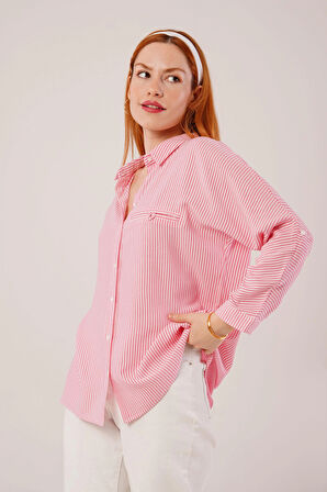 Cep Detay Çizgili Oversize Pembe Gömlek
