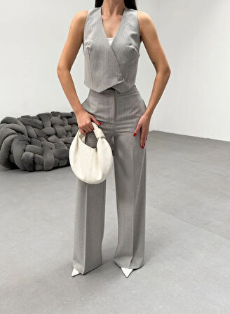 Toskana Çi̇zgi̇li̇ Kruvaze Yaka Tek Düğmeli̇ Yelek Pantolon Takim