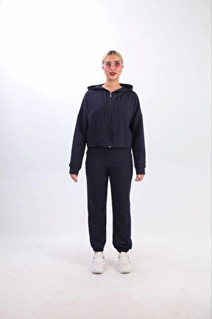 Iki Iplik Kapüşonlu Fermuarlı Crop Oversize Hırka Takım acivert