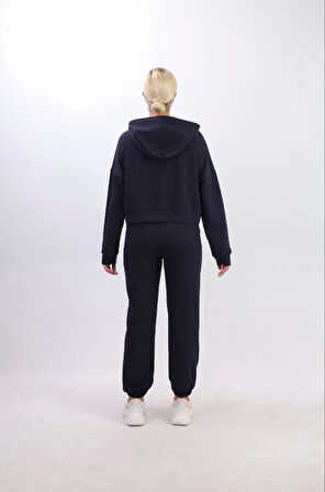 Iki Iplik Kapüşonlu Fermuarlı Crop Oversize Hırka Takım acivert